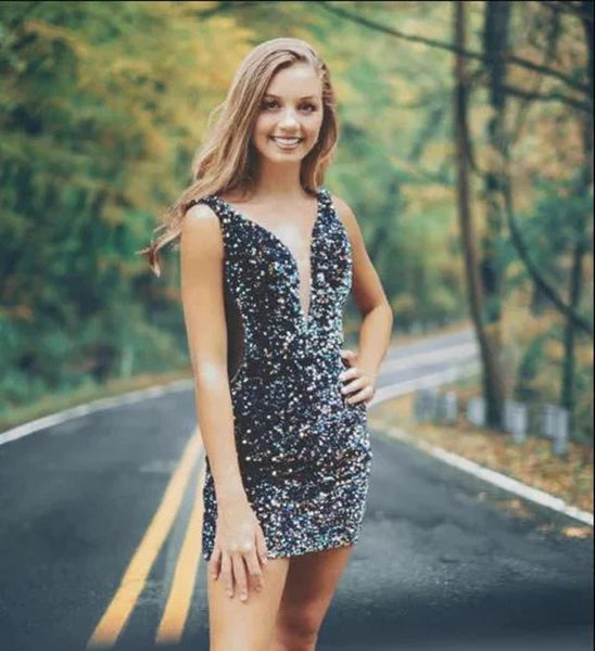 Sparkly Bodycon V Neck Navy Sequins Short Homecoming Dresses AB090804
