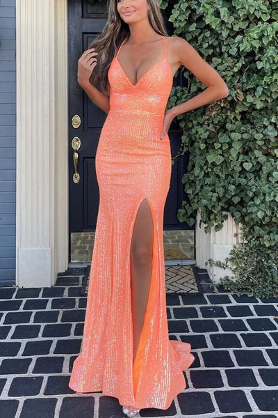 Charming Mermaid Sweetheart Orange Sequins Prom Dresses with Slit AB22504
