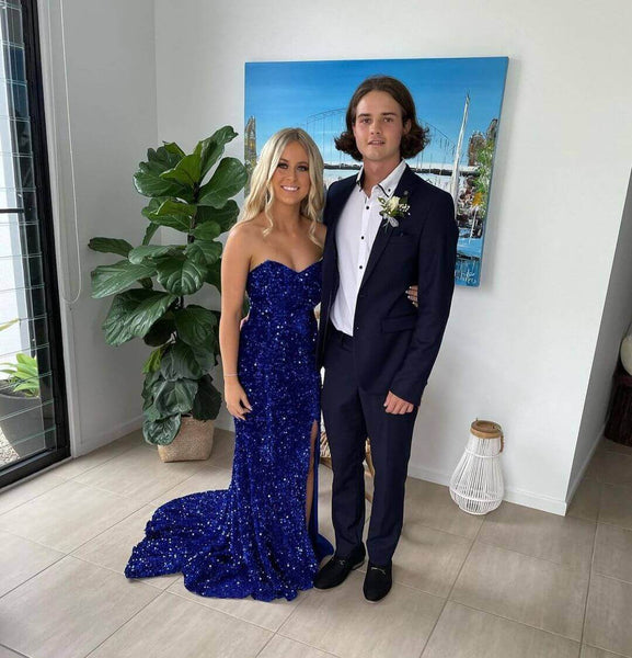 Charming Mermaid Sweetheart Royalblue Sequins Long Prom Dresses with Slit AB12304