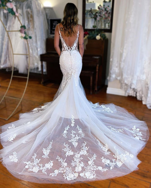 Elegant Mermaid Deep V Neck Lace Wedding Dresses with Beading AB120702