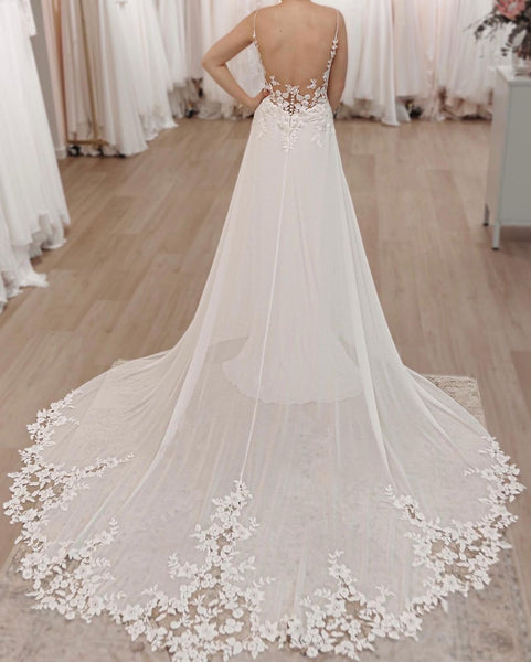 Fairy A Line V Neck Chiffon Long Wedding Dresses with Appliques AB120101
