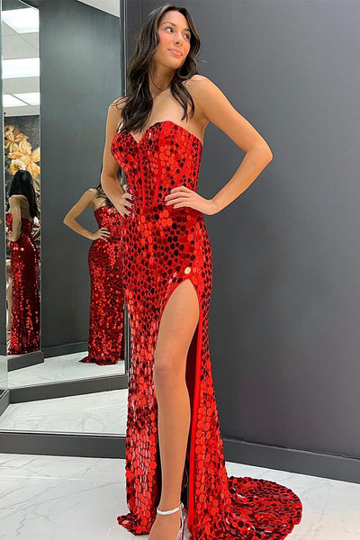 Gorgeous Mermaid Sweetheart Red Sequins Long Prom Dresses with Side Slit AB061803