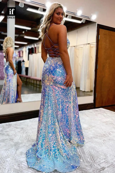 Charming Mermaid V Neck Blue Sequins Long Prom Dresses with Slit AB12301