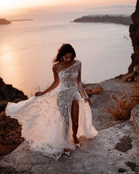 Bohemian A Line One Shoulder See Through Lace Beach Wedding Dresses AB081546