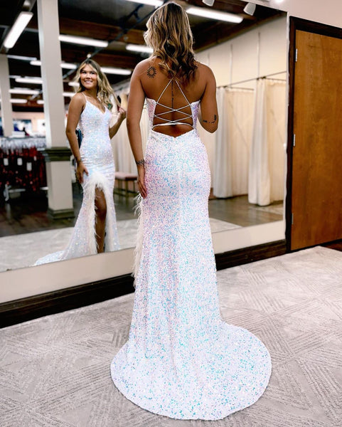 Sparkly Mermaid V Neck Royal Blue Sequins Long Prom Dresses with Slit AB111904