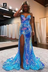 Charming Mermaid Sweetheart Blue Sequins Long Prom Dresses with Slit AB12303