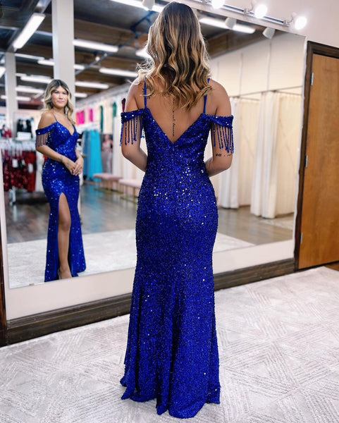 Sparkly Mermaid Off the Shoulder Royal Blue Sequins Long Prom Dresses with Slit AB100802