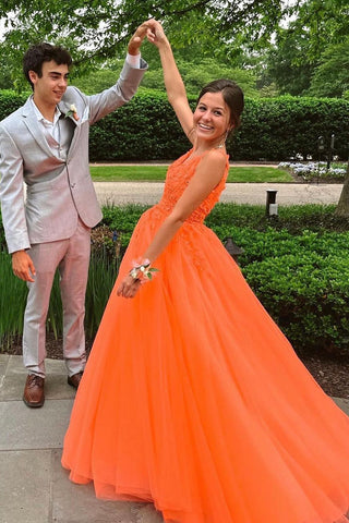 Romantic A-Line V Neck Orange Tulle Long Prom Dresses with Appliques AB061814