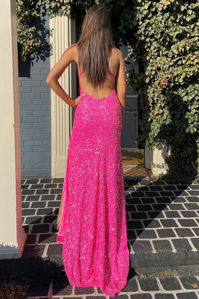Charming Mermaid V Neck Hot Pink Sequins Long Prom Dresses with Slit AB091807
