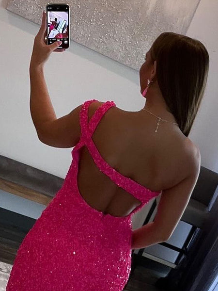 Cute Bodycon One Shoulder Hot Pink Velvet Sequins Short Homecoming Dresses AB081628