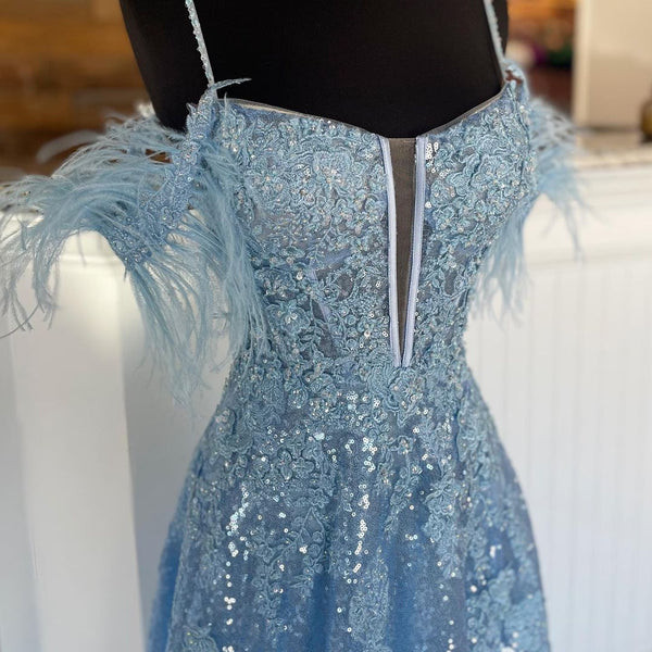 Sparkly A Line Deep V Neck Light Blue Sequins Long Prom Dresses with Appliques AB090302