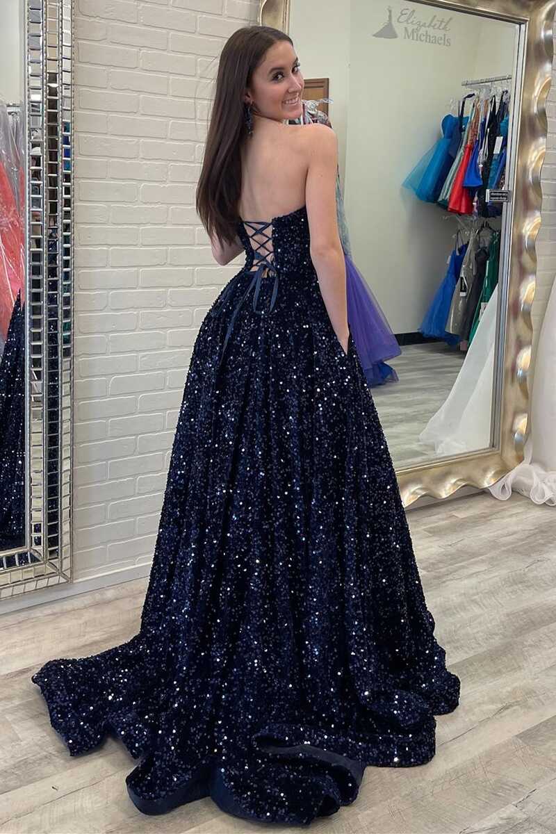 Sparkly A Line Strapless Navy Sequins Long Prom Dresses with Pockets A Sparkly A Line Strapless Navy Sequins Long Prom Dresses with Pockets A