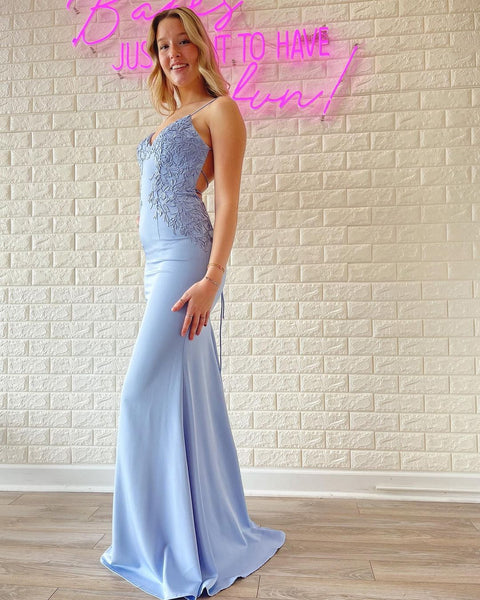 Charming Mermaid Sweetheart Light Blue Satin Prom Dresses with Appliques AB12003
