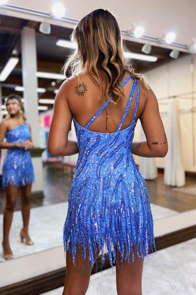 Cute Bodycon One Shoulder Blue Sequins Short Homecoming Dress with Beading AB4021002