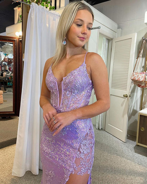 Cute Mermaid V Neck Lavender Sequins Prom Dresses with Slit AB123105