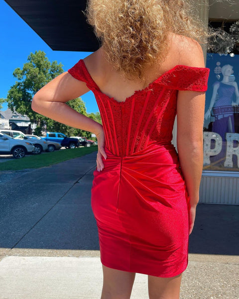 Cute Bodycon Off the Shoulder Red Satin Homecoming Dresses with Lace AB090101